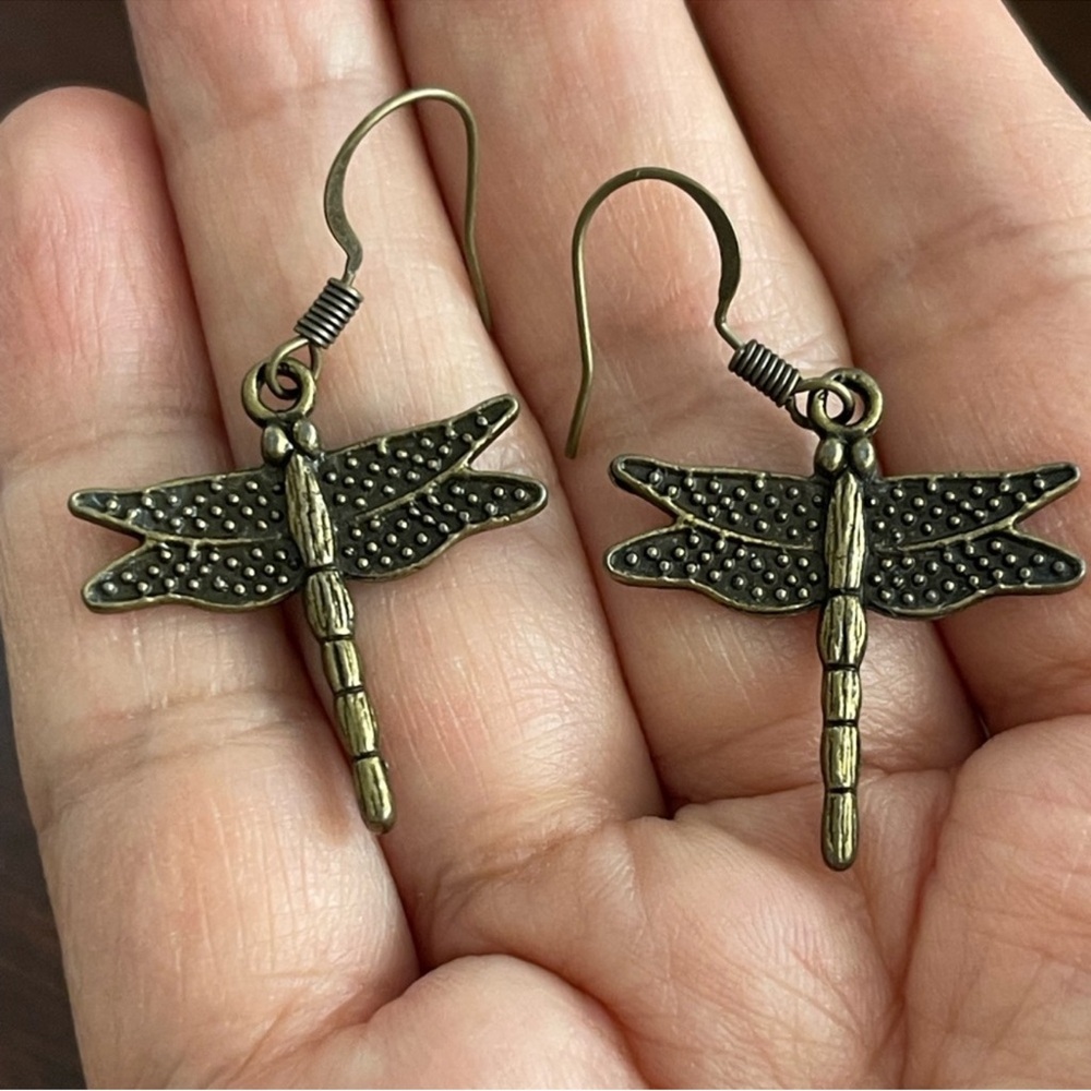 Bronze dragonfly drop earrings - Artisan made - Picture 2 of 5